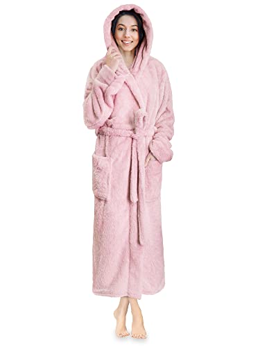 PAVILIA Women Hooded Plush Soft Robe | Fluffy Warm Fleece Sherpa Shaggy Bathrobe