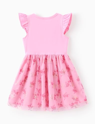 Image of Disney Princess Belle Toddler Girl Dress Floral-Patterned Tulle Summer Clothes Flutter-Sleeve Outfit Sweet School Party Birthday Sundress Pink 5-6 Years