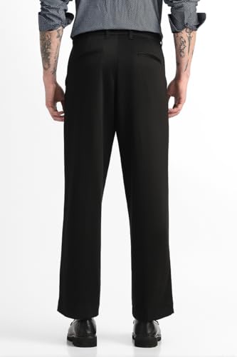 Image of SNITCH Men Casual Trousers | Loose Fit Pleated Front Plain Wide-Leg Style | Lightweight Polyester Blend Medium-Stretch Fabric for Summer & All-Day Comfort Wear