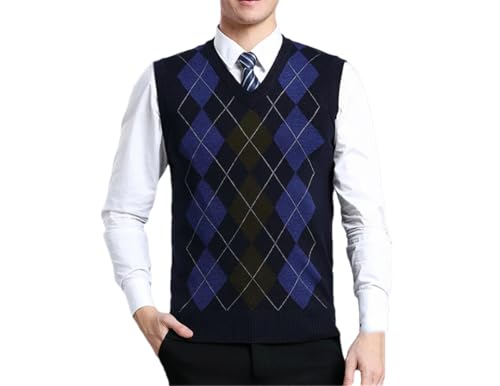 Men's Plaid Sweater Vest Knitted Pullover V-Neck Slim Sleeveless Casual Outwear Tops