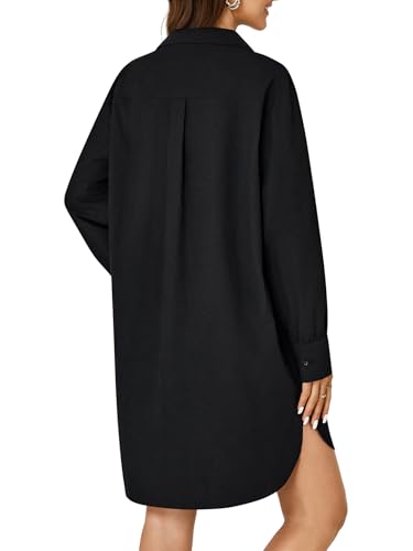 Image of Vrtige Women's Casual Collar V Neck Button Down Long Sleeve Tunic Mini Short Shirt Dress with Pockets Black Large