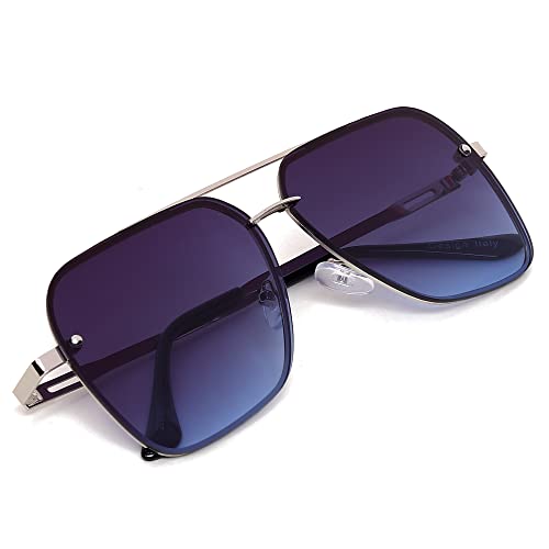 Image of GAINX Retro Square Aviator UV Protected Sunglasses Premium Glass Lens Flat Metal Sun Glasses Men Women (Blue Silver)-Pack Of 1