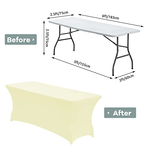 Image of CWK 6FT Waterproof Stretch Spandex Table Cover for Rectangular Tables - Elastic Fitted Tablecloth for Folding Tables,Wrinkle Resistant Table Cloth for Parties, Weddings, Banquets & Events (Beige)