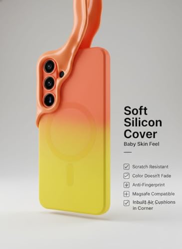 Image of amazon basics Gradient Mag-Safe Case for Samsung Galaxy A56 5G | Soft Silicone Shockproof Cover with Camera Protection | Slim Lightweight Design | Smooth Touch & Durable - Orange & Yellow
