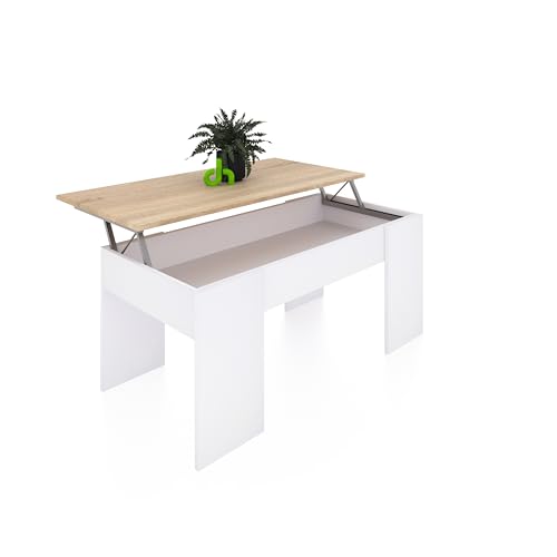 duehome | Mesa de Centro Elevable, Mesita de Salón o Comedor, Modelo Vita, Acabado en Color Blanco Artik y Roble Canadian, Medidas: 100 cm (Largo) x 50 cm (Ancho) x 45-56 cm (Alto)