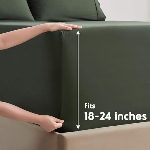 Image of Nestl Extra Deep King Sheet Set - 6 Piece Breathable & Cooling Sheets - Hotel Luxury Bedding Set w /18-24 Inch Deep Pockets - Easy & Secure Fit - Super Soft, Wrinkle Free & Comfy - Olive Green