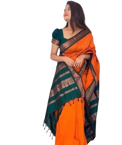 Image of ILAIYAAL CLOTHINGS Women's Kanjivaram Cotton Silk Saree South Indian Paithani Sari | gadwal cotton sarees with Zari Border and Blouse Piece - Suitable For All Indian Occasions and Festivals 191
