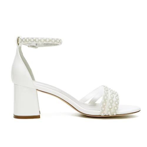 Image of White Women's Block Heel Sandal, Open Toe, Ankle Strap, Pearl Wedding Shoes for Bride, Bridesmaids, Mother of the Bride, Prom, Evening, Cocktail, Ball Gown