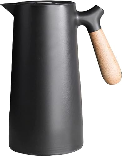 Nicffdi 魔法瓶 ポット 保温卓上ポット 真空断熱ポット 木製ハンドル 水筒 保温ポット コーヒーポット 家庭用 業務用 1000ML 大容量 (ブラック)