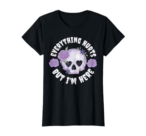 Everything Hurts But I'm Here Funny Skull Flower T-Shirt, Women, Black, Large