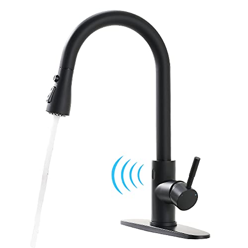 Touchless Kitchen Faucets with Pull Down Sprayer Single Handle Motion Sensor Activated Kitchen Sink Faucet with Deck Plate Smart Kitchen Faucet, Stainless Steel Kitchen Sink Faucets Matte Black