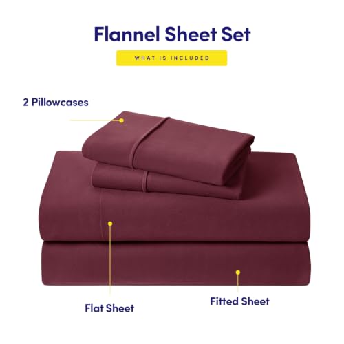 Image of Flannel Sheets Warm and Cozy Deep Pocket Breathable All Season Bedding Set with Fitted, Flat and Pillowcases, Queen, Burgundy Red