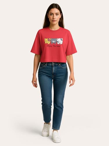 Image of HELLCAT Beige Printed Loose Fit Crew-Neck Crop T-Shirt for Women