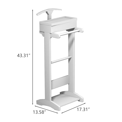 Image of Wooden Garment Rack Clothes with Shoe Shelf, Freestanding Valet Stand with Storage Organizer, Valet Stand Stores Wallet, Jewelry, Watches, Keys in Entrance, Office, Bedroom, White