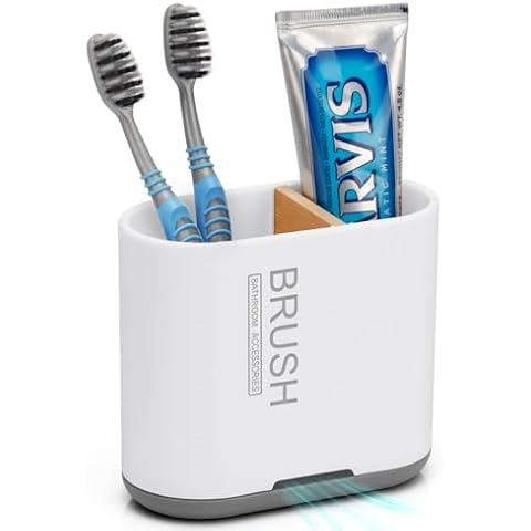 Toothbrush and Toothpaste Holder with Bamboo Divider for Bathroom Countertop Organizer, Detachable for Easy Clean, 2 Slots Electric Toothbrush Holders Storage Caddy Drainage for Family-White Cover