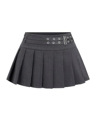 MakeMeChic Women's Pleated Striped Mini Skirt Belted Drop Waisted A Line Y2K Short Skirt