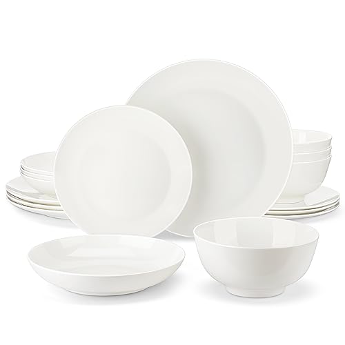 MALACASA Set di piatti e ciotole, 16 pezzi in porcellana fine Bone China Set per 4, Set di piatti rotondi bianchi con piatti piani e ciotole, set di stoviglie da cucina moderno, piatti leggeri, serie