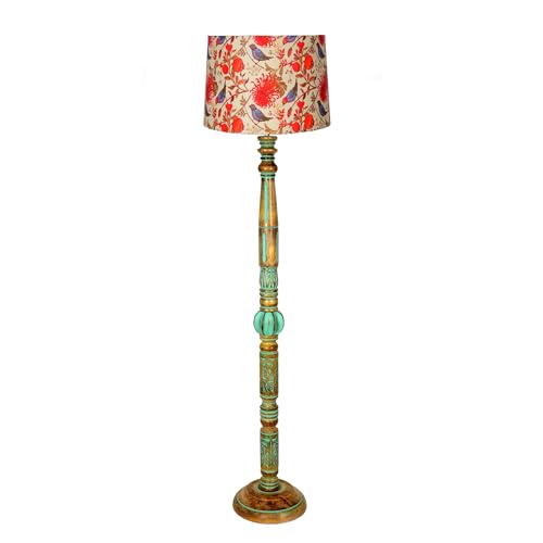 Image of Homesake Royal Carving Antique Algae Finish Wooden Floor Lamp for Living Room | Light Decoration for Home Corner Lamp for Living Room Bedroom | Antique Floor Light, Twisted Ropes Shade, Bird