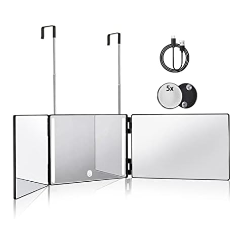 HIEEY 3 Way Mirror for Hair Cutting with LED ,360 Trifold Mirror with Height Adjustable Telescoping Hooks,and 5X Magnification Mirror,for Makeup, Hair Styling (Black) Cover