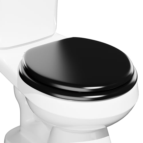 Round Black Wood Toilet Seat with Baked Enamel Finish Heavy Duty Round Toilet Seat for Bathroom Support 400 lbs Wooden Toilet Lid with Chrome Hinge Grip-Tight Bumpers Easy Clean Quick Assembly