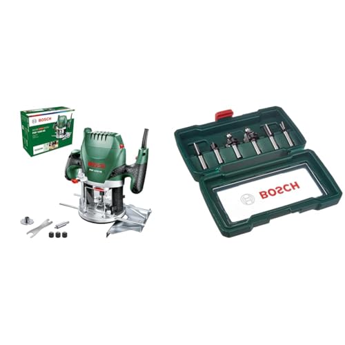 Bosch POF 1200 AE - Fresadora de superficie, fresa de ranurar, adaptador de aspirar, llave de boca,casquillo copiador, tope paralelo + Bosch 2607019463 - Set con 6 fresas con inserción de 8 mm