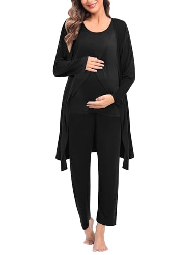 Image of SWOMOG Maternity Nursing Robe Set 3 PCS Postpartum Breastfeeding Pajamas Hospital Pregnancy Pjs Double Layer Lounge Set