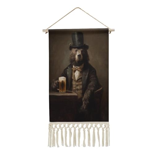 Jubonexis Arazzo da parete in lino, poster vintage da parete con orso nel cappello a cilindro Cravat at Dark Wooden Bar con nappa e asta in legno