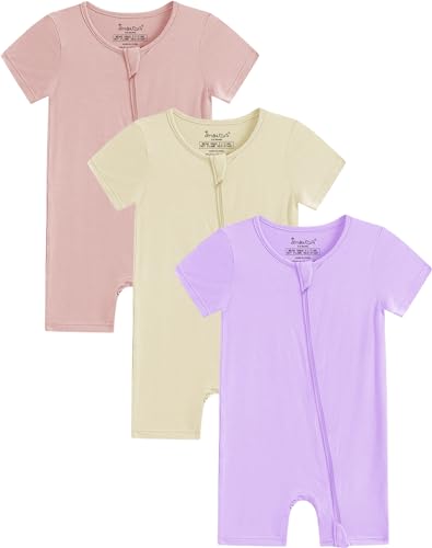 Image of Jimonda Boys Baby Girls Short Sleeve Romper Unisex Baby Footless Pajamas With Viscose 2-Way Zipper Front 3Pcs0-24Months