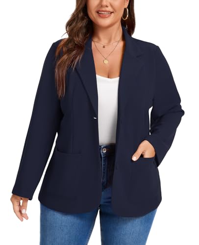 MINTLIMIT Blazers for Women Business Casual Long Sleeve Notched Lapel Button Plus Size Blazer Work Professional Office Outfits with Pocket,2XL Navy Blue