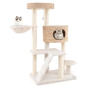 PETSITE 50-inch Cattail Multi-Level Cat Tower, Sisal Scratching Posts, Cat Condo, Basket, Ladder, Top Perch with Removable Cushion, Modern Cat Tree for Indoor Cats