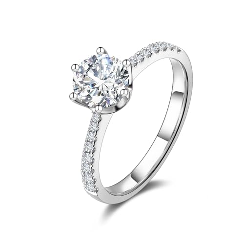 14K White Gold 1ct Moissanite Engagement Ring for Women,6.5MM Main Stone,D Color VVS1 Round Simulated Diamond Moissanite Wedding Promise Proposal Ring for Wife Her Anniversary Bridal Gift,All Size2