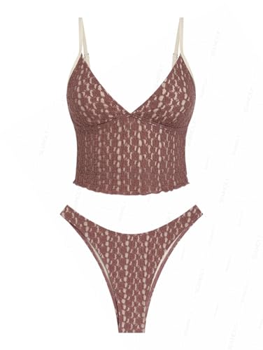 seamoly Coffee Contrast Piping Lace Jacquard Plunging Neck Tankini Set Coffee S