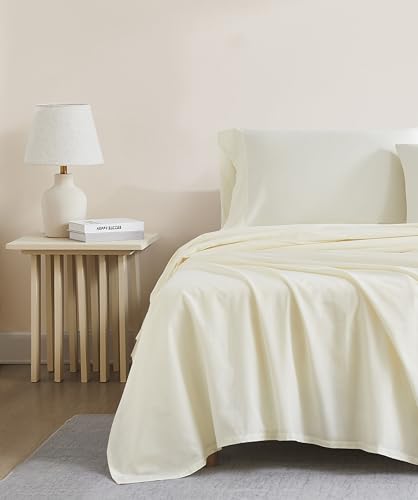 Image of Linen Closet Organic100% Cotton Twin XL Bed Sheet 3Pcs Set- Fresh Ivory Crisp Percale, Deep Pocket up to 16 inch - Lightweight,Breathable&Naturally Cooling-Ideal for College Dorm,Soft & Comfy(Pack of 4)