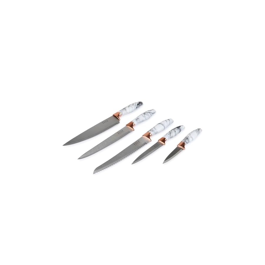5-Piece Professional Kitchen Knife Set Marble Handles & Rose Gold Accents Includes Clear Block Chef Bread Carving Utility & Paring Knives