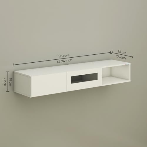 Image of Anikaa Strix Wall Mount Modern Floating TV Unit for Living Room with 3 Storage Cabinet & Blue LED Light (Ideal for 32 to 55 inch TV, DIY Installation, White Finish)