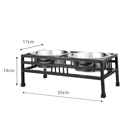 Image of amazon basics, Pet Feeder | Stainless Steel Food & Water Bowls with Iron Stand | Dog Bowls | Elevated Double Diner with Stand | Medium Size (900 ml x 2 Bowl) (Black)