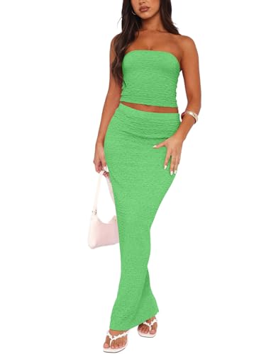 Image of Two Piece Dress Outfits for Women Sleeveless Tube Tops Bodycon Maxi Dress Summer Strapless Crop Top Sexy Suits Set