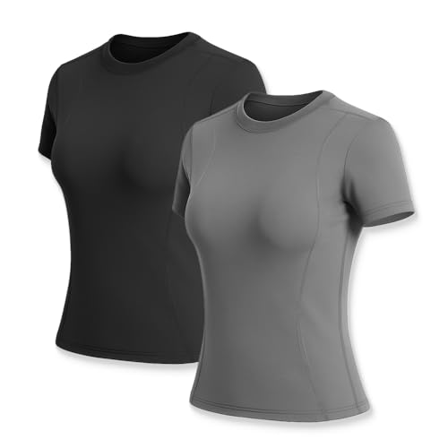 La Mejor Lista de Ropa de Balonmano americano para Mujer - 5 favoritos. 42 XGHEO 2PCS Camisetas Fitness Mujer, Blusas Deportivas Mujer,Camiseta de Cuello Redondo de Secado Rápido Yoga Fitness (MX/US, Alfa, Grande, Regular, Regular, Negro y Gris)