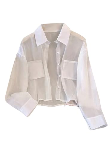 SweatyRocks Women's See Through Long Sleeve Button Down Blouse Shirt Tops with Pocket White Medium