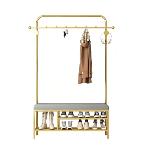 ZzERTE Perchero De Pie Con Banco Y Zapatero,Perchero De Metal Con Asiento Tapizado Y Estantes Para Zapatos,Organizador De Recibidor Moderno Para Entrada,Pasillo,Dormitorio(Gold,100cm/39.4in)