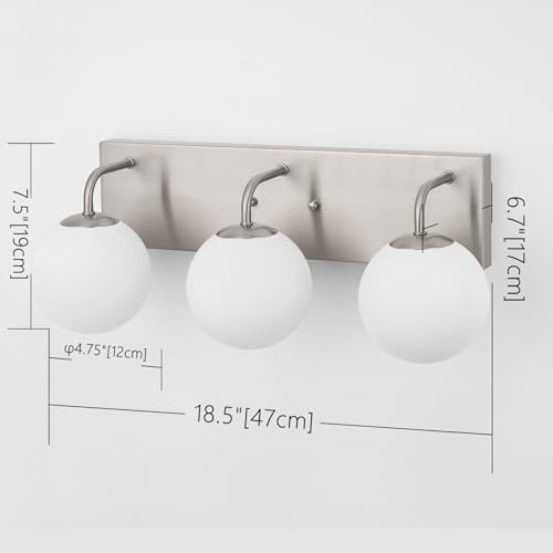 Image of Bathroom Light Fixtures, 3-Light Brushed Nickel Vanity Lights Bathroom Lighting Fixtures Over Mirror, Modern Wall Sconces Wall Lighting with Globe Frosted Milk Glass Shades
