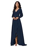 DOGEFI A-Line Bridesmaid Dresses for Women Navy Blue Long Sleeves Chiffon Wedding Guest Dress V Neck Long Formal Party Gown Size 12