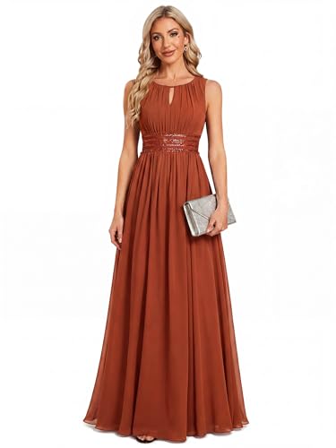 Image of Ever-Pretty Women's Chiffon Sleeveles Summer Formal Wedding Guest Dresses Ruched A Line Hollow Out Crew Neck Bridesmaid Dress