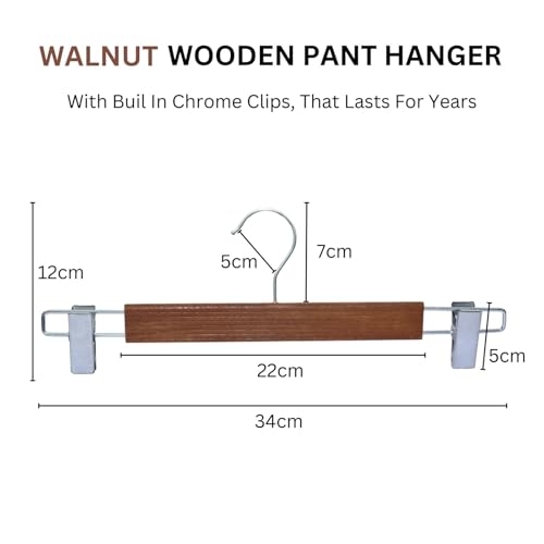 Image of BLOOMAX 12 Pcs Wooden Pant Hangers - Walnut Finish, 34 cm, Adjustable Chrome Clips, Non-Slip & Space Saving for Trouser, Skirt, Saree (Durable, Made in India)