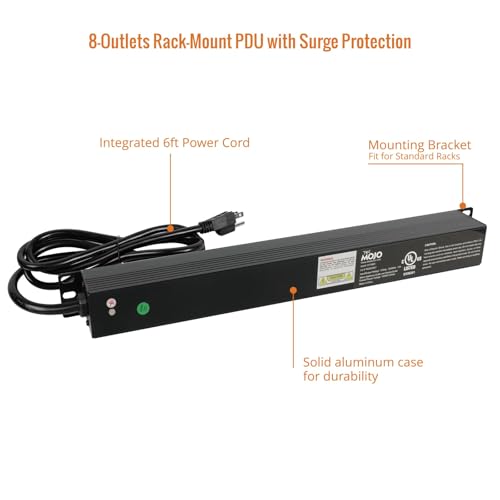 Image of Tecmojo 1U Rack-Mount Horizontal 8-Outlet PDU, UL Listed PDU with Surge Protection LED Indicators 6ft Cord Power Distribution for IT and Network Server Racks