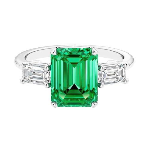 Solid 14k White or Yellow Gold 2 Carats Emerald Cut Lab Grown Colombian Emerald 3-Stone Ring with Diamond Sides, Engagement, May Birthstone, Birthday, Anniversary, Wedding Gift for Women, w/ Jewelry Box, Sizes 4-10