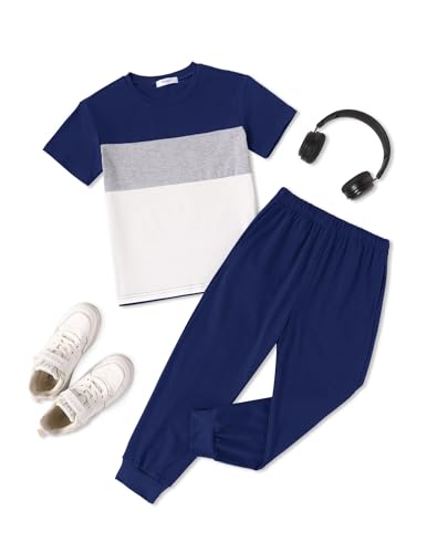 Image of Arshiner Boy's Pants Set - 2 Piece ColorBlock Short Sleeve T-Shirt and Active Pants - Casual Clothing Outfits 5-12 Years