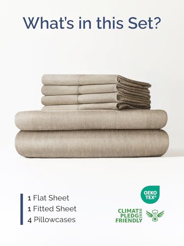 Image of Extra Deep Cal King Sheet Set - 6 Piece Cooling Sheets - Heathered Beige | Hotel Luxury Bed Sheets Set, Easy & Secure Fit, Ultra-Soft, Wrinkle & Fade Free, Comfy Sheets Set with Extra Deep Pockets