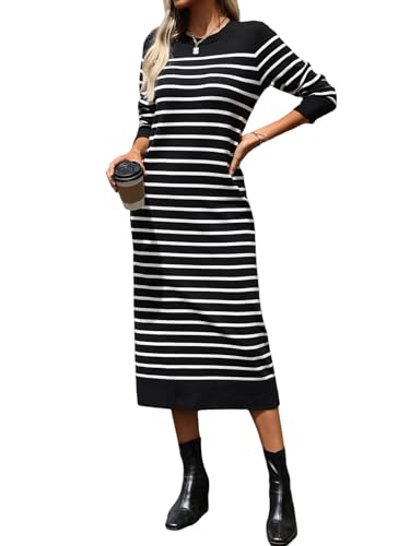 Image of Long Sweater Dress for Women Loose Knitwear Striped Long Dresses Stylish Autumn and Winter Outfits