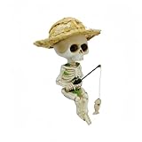 Vyloky Halloween Garten Deko - Wetterfeste Angler-Skelett Skulptur mit Hut für Teich, Aquarium & Garten (Resin) (Skelett-Mensch mit Strohhut)